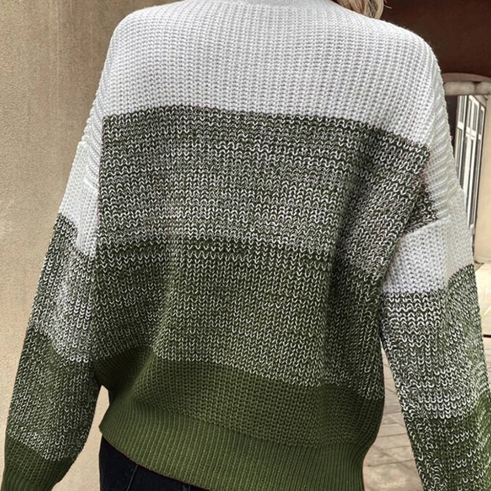 Green and White Block Drop Shoulder Ribbed Trim Sweater